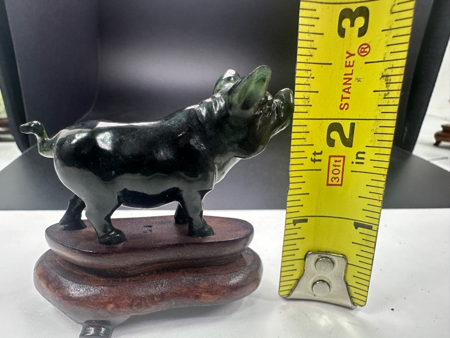 Vintage Chinese Hand Carved Nephrite Jade Pig Zodiac Figurine on Wooden Stand 2.5'H [Photo 6]