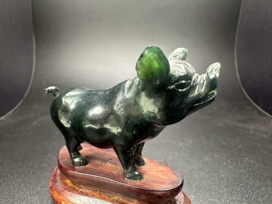 Vintage Chinese Hand Carved Nephrite Jade Pig Zodiac Figurine on Wooden Stand 2.5'H [Photo 2]