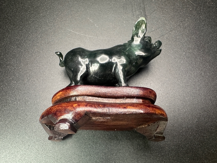 Vintage Chinese Hand Carved Nephrite Jade Pig Zodiac Figurine on Wooden Stand 2.5'H [Photo 4]