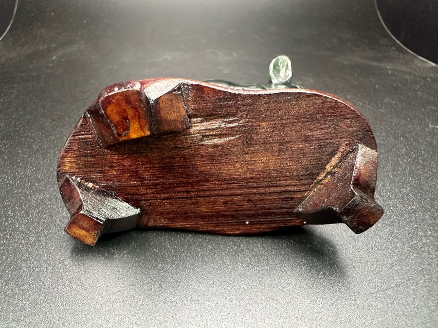 Vintage Chinese Hand Carved Nephrite Jade Pig Zodiac Figurine on Wooden Stand 2.5'H [Photo 5]