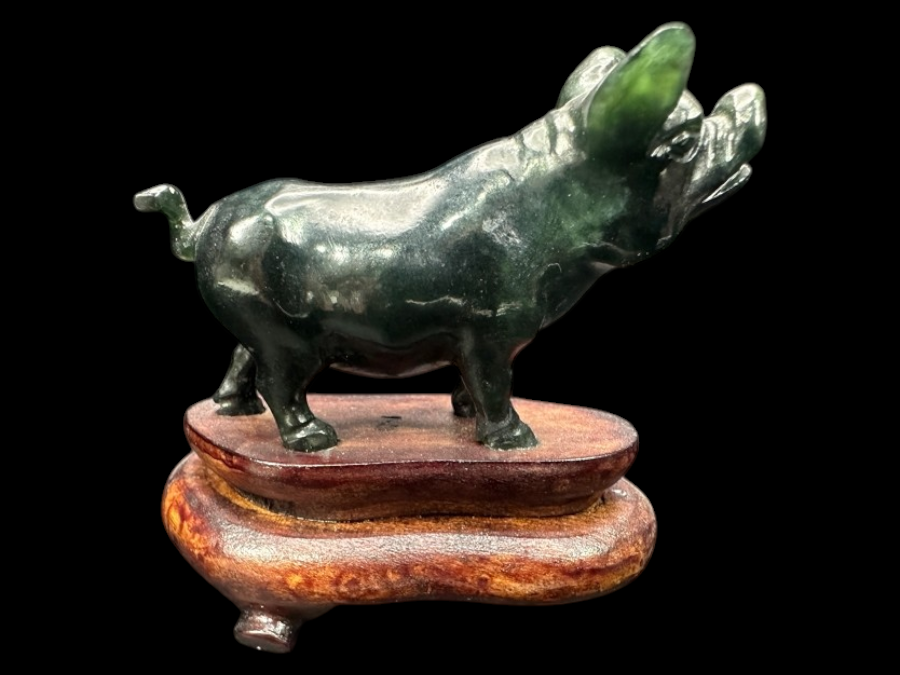 Vintage Chinese Hand Carved Nephrite Jade Pig Zodiac Figurine on Wooden Stand 2.5'H
