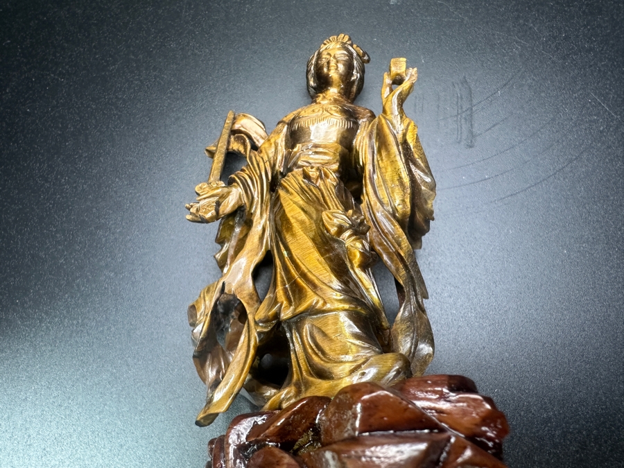Vintage Chinese Hand-Carved Tiger's Eye Figure Of Guanyin On Wooden Base 4.5'H
 [Photo 8]