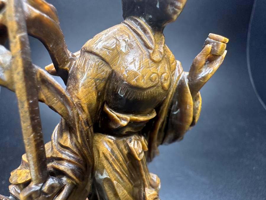 Vintage Chinese Hand-Carved Tiger's Eye Figure Of Guanyin On Wooden Base 4.5'H
 [Photo 4]