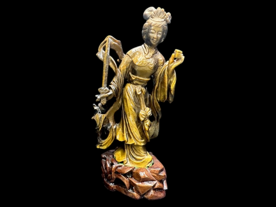 Vintage Chinese Hand-Carved Tiger's Eye Figure Of Guanyin On Wooden Base 4.5'H
