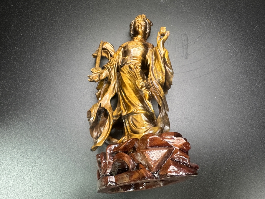 Vintage Chinese Hand-Carved Tiger's Eye Figure Of Guanyin On Wooden Base 4.5'H
 [Photo 7]