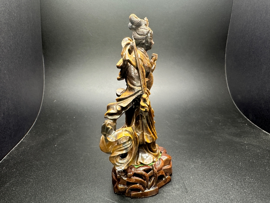 Vintage Chinese Hand-Carved Tiger's Eye Figure Of Guanyin On Wooden Base 4.5'H
 [Photo 5]