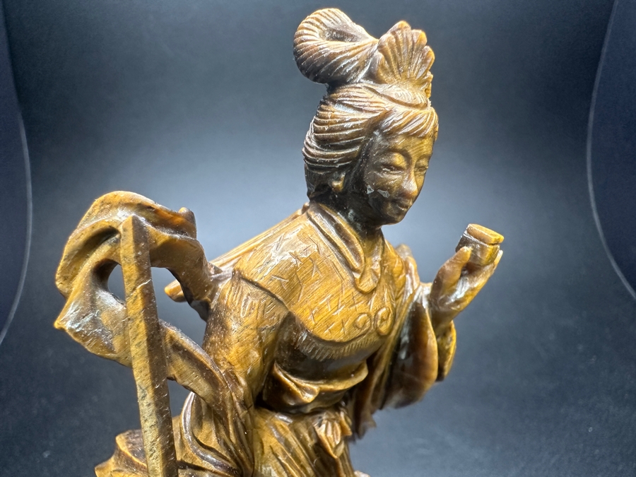 Vintage Chinese Hand-Carved Tiger's Eye Figure Of Guanyin On Wooden Base 4.5'H
 [Photo 3]