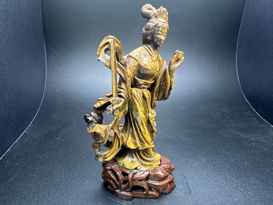 Vintage Chinese Hand-Carved Tiger's Eye Figure Of Guanyin On Wooden Base 4.5'H
 [Photo 2]