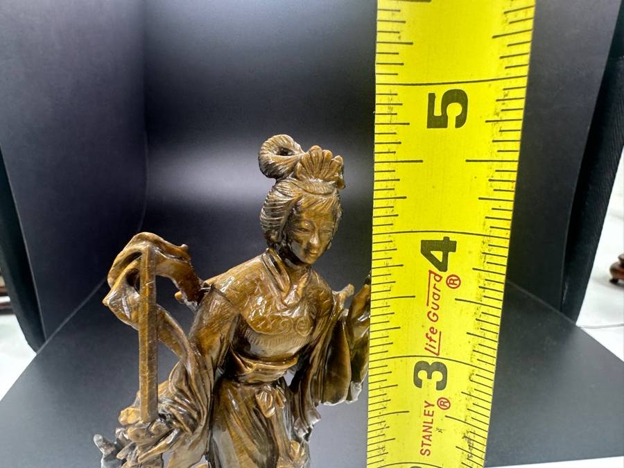 Vintage Chinese Hand-Carved Tiger's Eye Figure Of Guanyin On Wooden Base 4.5'H
 [Photo 10]