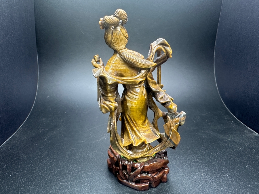 Vintage Chinese Hand-Carved Tiger's Eye Figure Of Guanyin On Wooden Base 4.5'H
 [Photo 6]