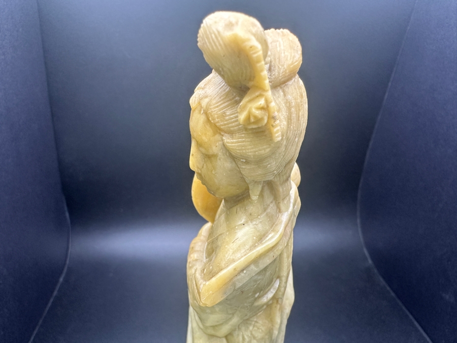 Vintage Chinese Carved Soapstone Figure Of Guanyin On Stone Base 8'H
 [Photo 3]