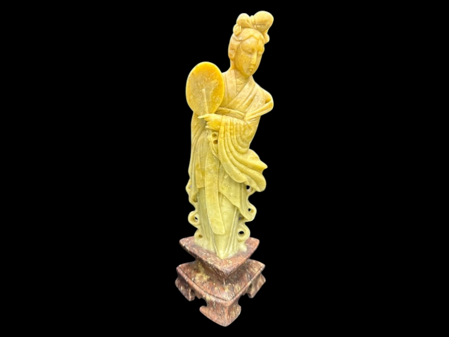 Vintage Chinese Carved Soapstone Figure Of Guanyin On Stone Base 8'H
