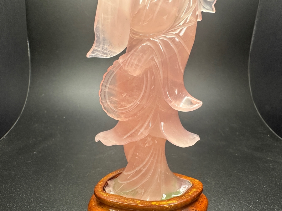 Vintage Hand-Carved Chinese Rose Quartz Sculpture of Guanyin on Wooden Stand 6'H [Photo 2]