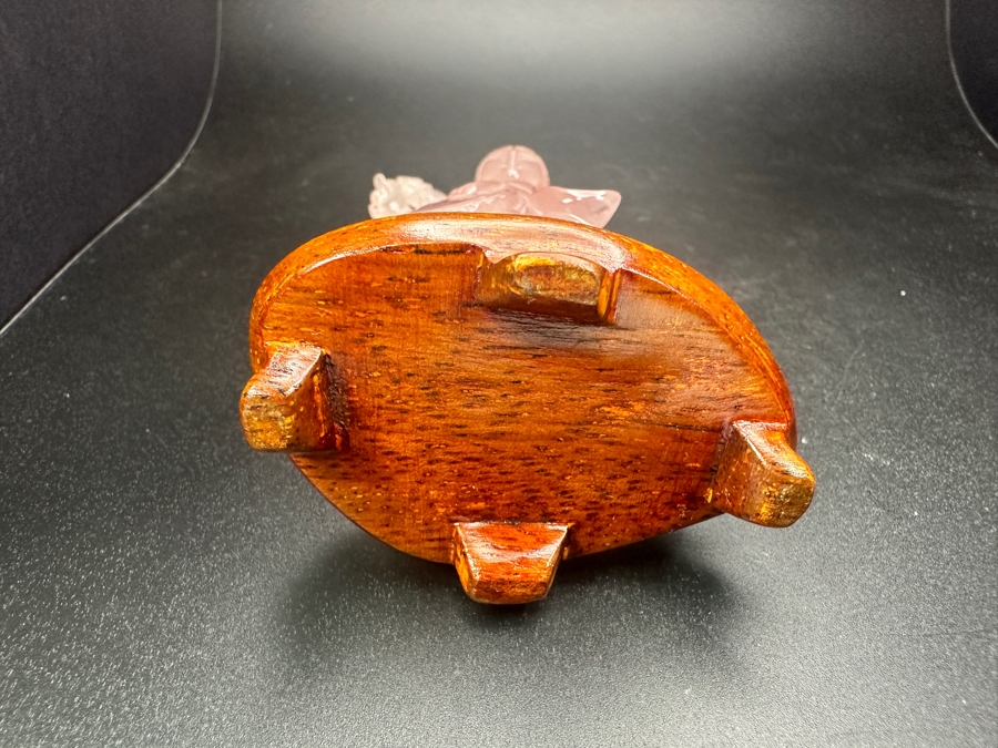 Vintage Hand-Carved Chinese Rose Quartz Sculpture of Guanyin on Wooden Stand 6'H [Photo 6]