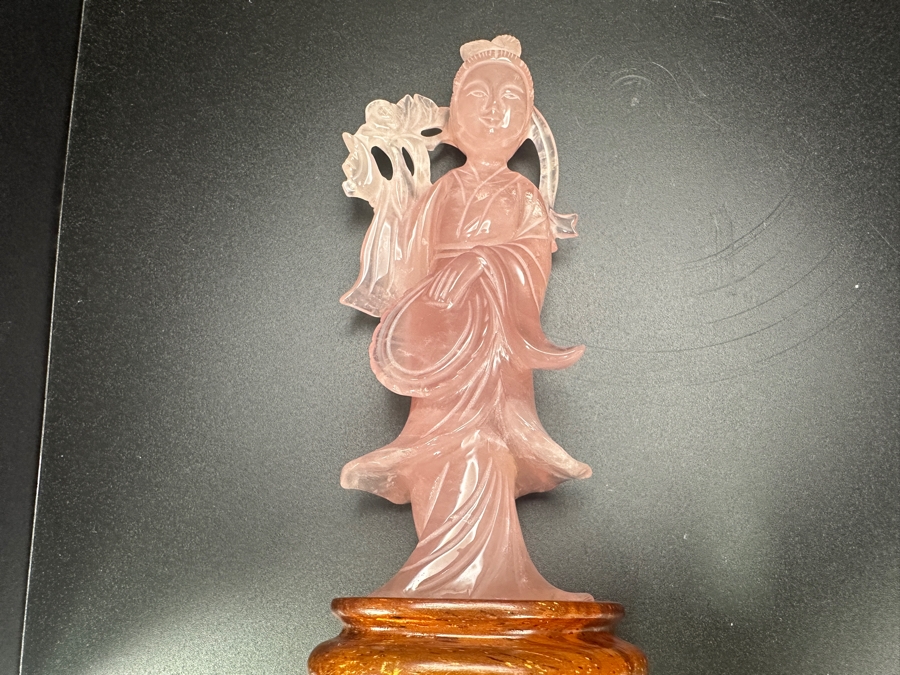 Vintage Hand-Carved Chinese Rose Quartz Sculpture of Guanyin on Wooden Stand 6'H [Photo 5]