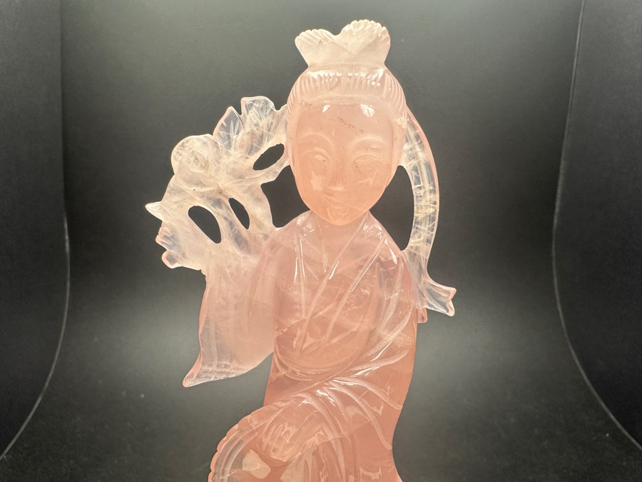 Vintage Hand-Carved Chinese Rose Quartz Sculpture of Guanyin on Wooden Stand 6'H [Photo 3]