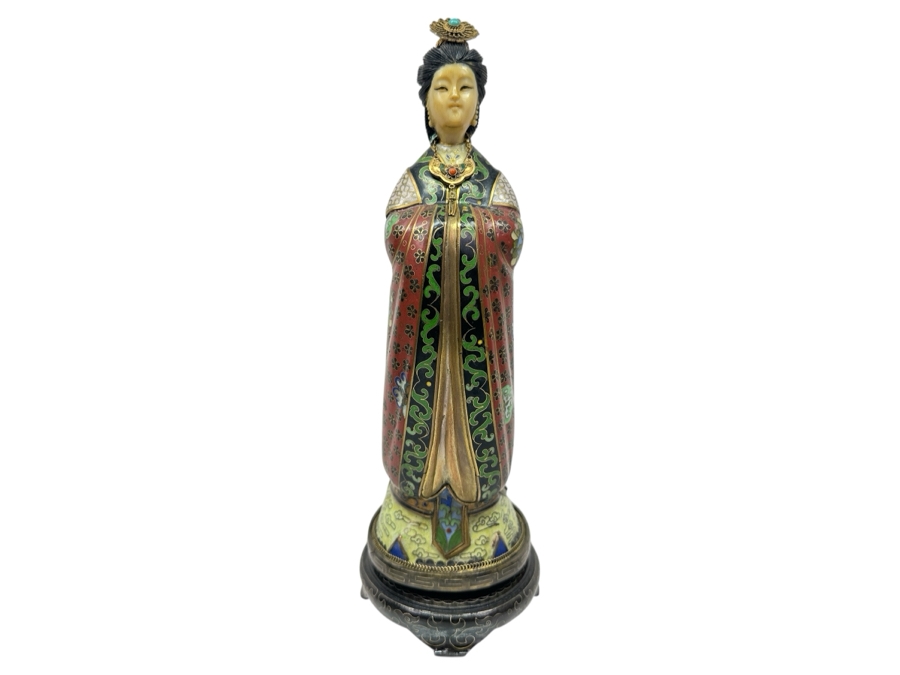 Vintage Chinese Cloisonné Figurine of Guanyin With Carved Face On Wooden Stand 10.75'H [Photo 2]