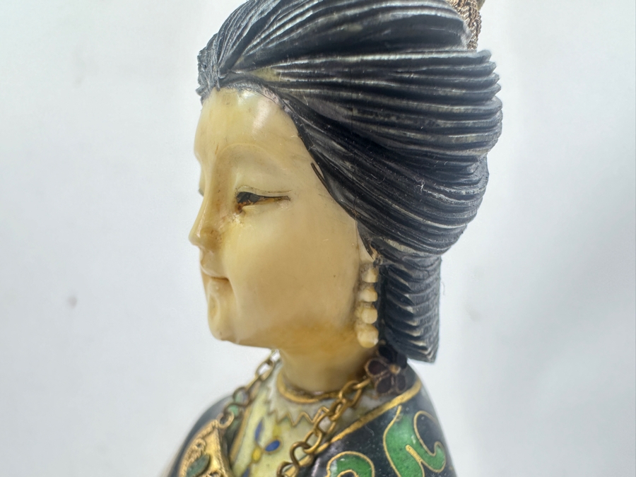 Vintage Chinese Cloisonné Figurine of Guanyin With Carved Face On Wooden Stand 10.75'H [Photo 11]