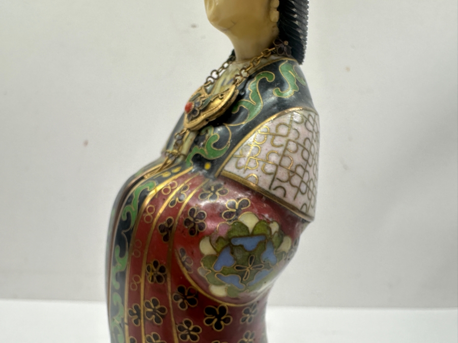 Vintage Chinese Cloisonné Figurine of Guanyin With Carved Face On Wooden Stand 10.75'H [Photo 12]