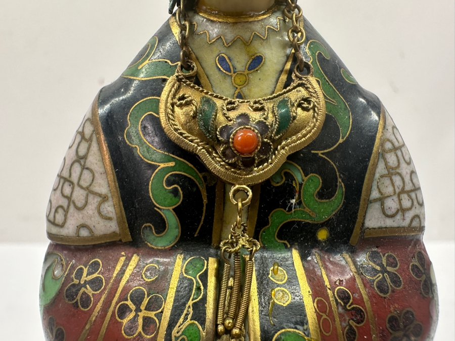 Vintage Chinese Cloisonné Figurine of Guanyin With Carved Face On Wooden Stand 10.75'H [Photo 7]