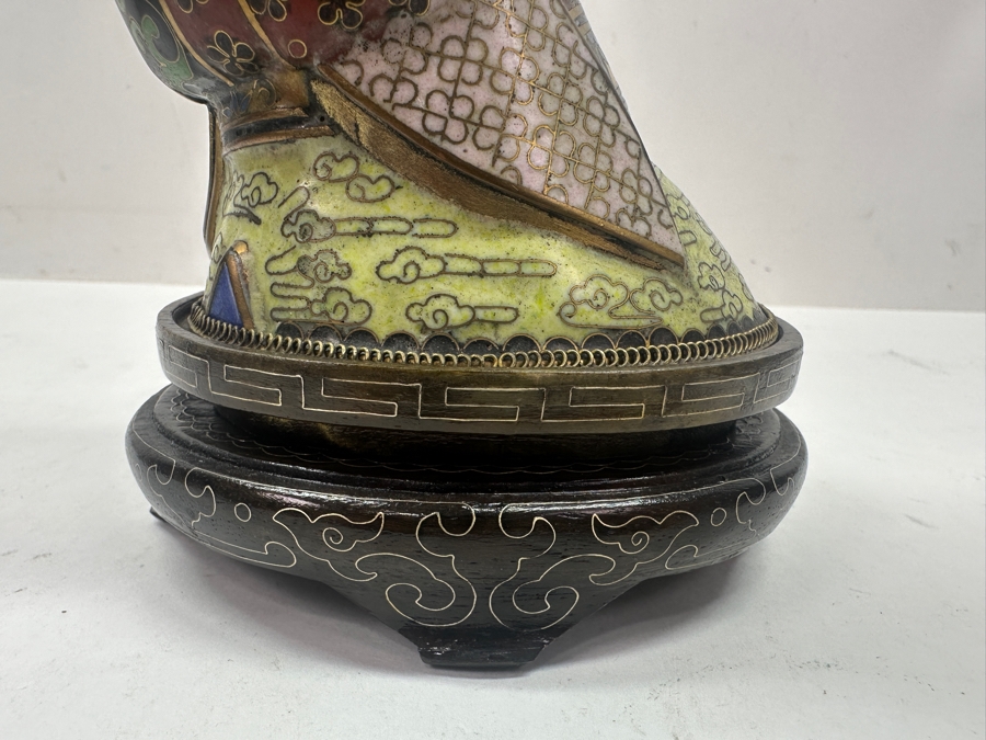 Vintage Chinese Cloisonné Figurine of Guanyin With Carved Face On Wooden Stand 10.75'H [Photo 13]