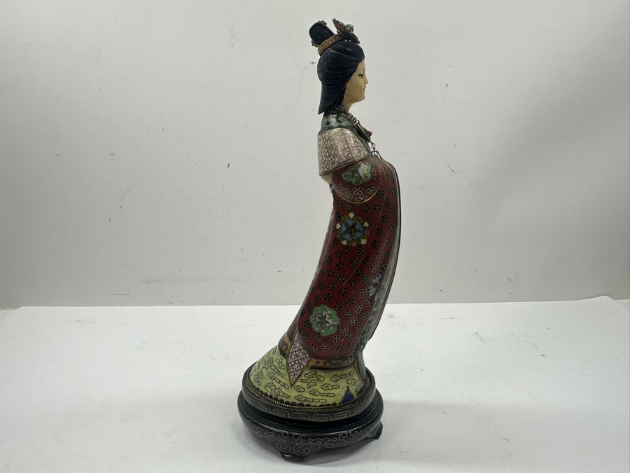 Vintage Chinese Cloisonné Figurine of Guanyin With Carved Face On Wooden Stand 10.75'H [Photo 6]