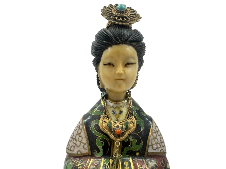 Vintage Chinese Cloisonné Figurine of Guanyin With Carved Face On Wooden Stand 10.75'H [Photo 3]