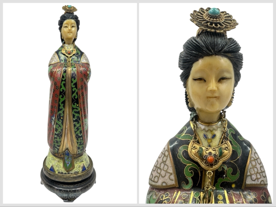 Vintage Chinese Cloisonné Figurine of Guanyin With Carved Face On Wooden Stand 10.75'H