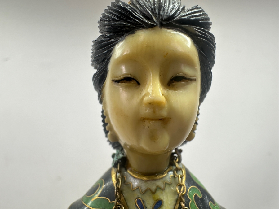 Vintage Chinese Cloisonné Figurine of Guanyin With Carved Face On Wooden Stand 10.75'H [Photo 14]