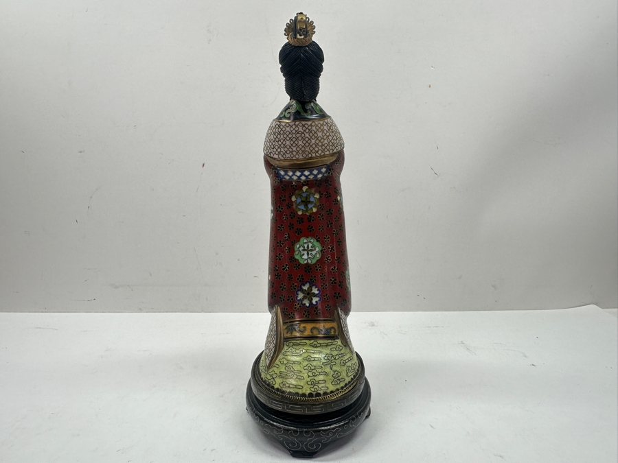 Vintage Chinese Cloisonné Figurine of Guanyin With Carved Face On Wooden Stand 10.75'H [Photo 9]