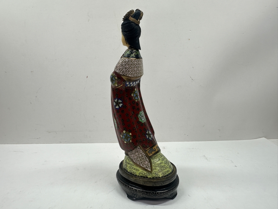Vintage Chinese Cloisonné Figurine of Guanyin With Carved Face On Wooden Stand 10.75'H [Photo 8]