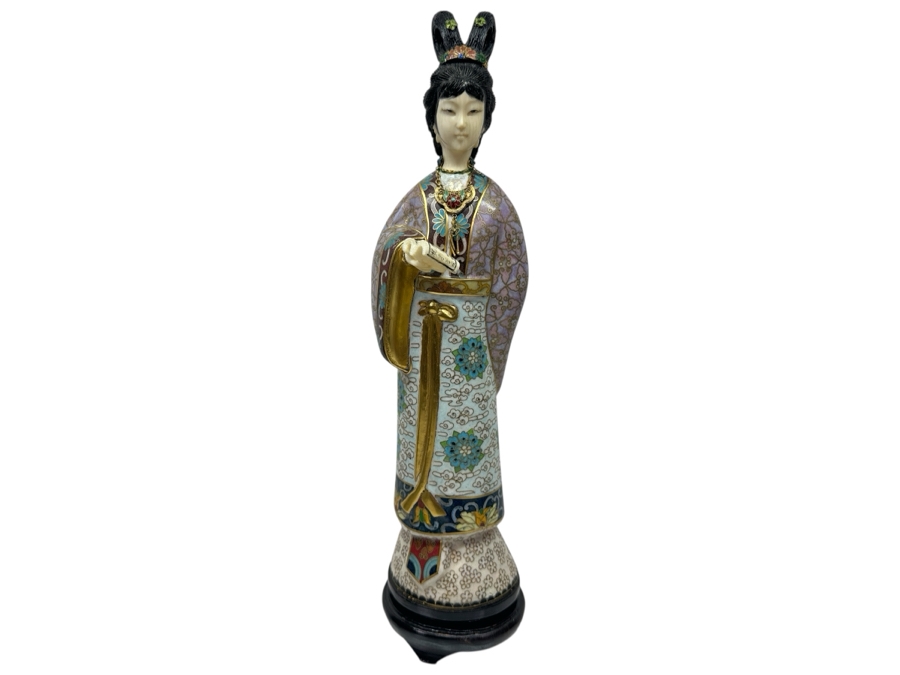 Vintage Chinese Cloisonné Figurine Of A Standing Woman Holding Scroll With Hand Carved Face And Hands 12.5'H [Photo 2]