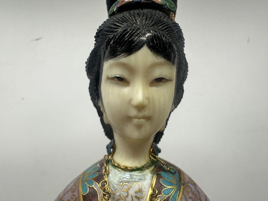 Vintage Chinese Cloisonné Figurine Of A Standing Woman Holding Scroll With Hand Carved Face And Hands 12.5'H [Photo 5]