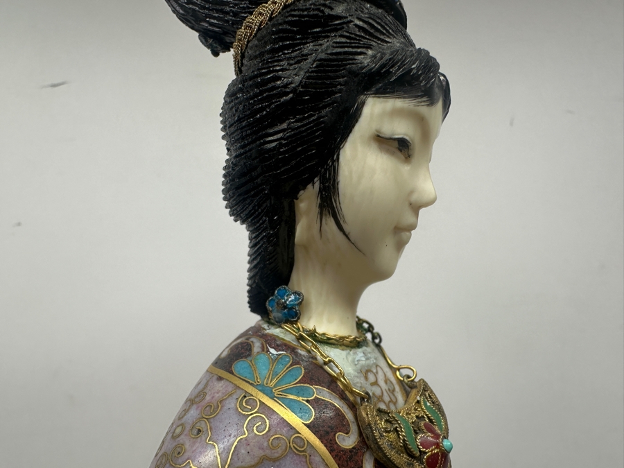 Vintage Chinese Cloisonné Figurine Of A Standing Woman Holding Scroll With Hand Carved Face And Hands 12.5'H [Photo 11]