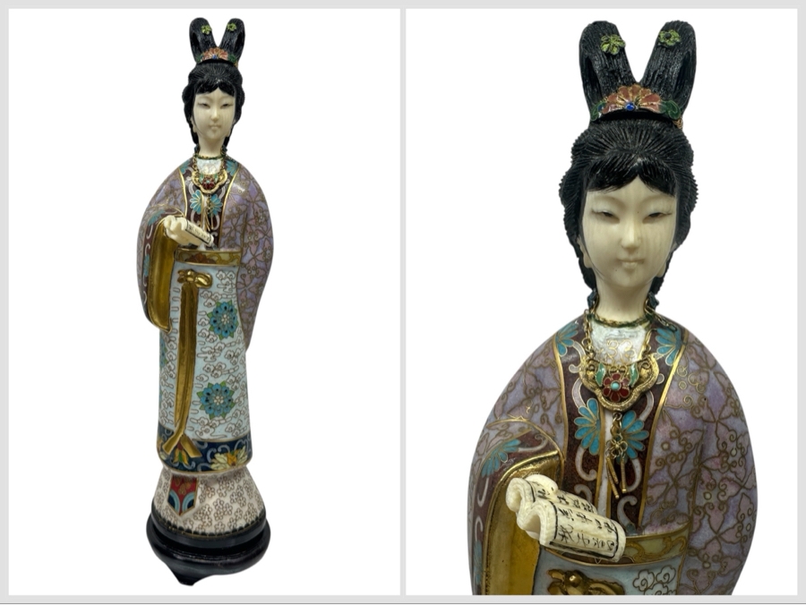 Vintage Chinese Cloisonné Figurine Of A Standing Woman Holding Scroll With Hand Carved Face And Hands 12.5'H