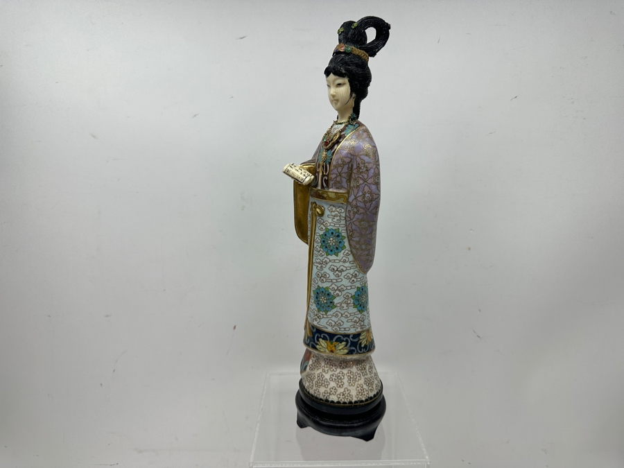 Vintage Chinese Cloisonné Figurine Of A Standing Woman Holding Scroll With Hand Carved Face And Hands 12.5'H [Photo 8]