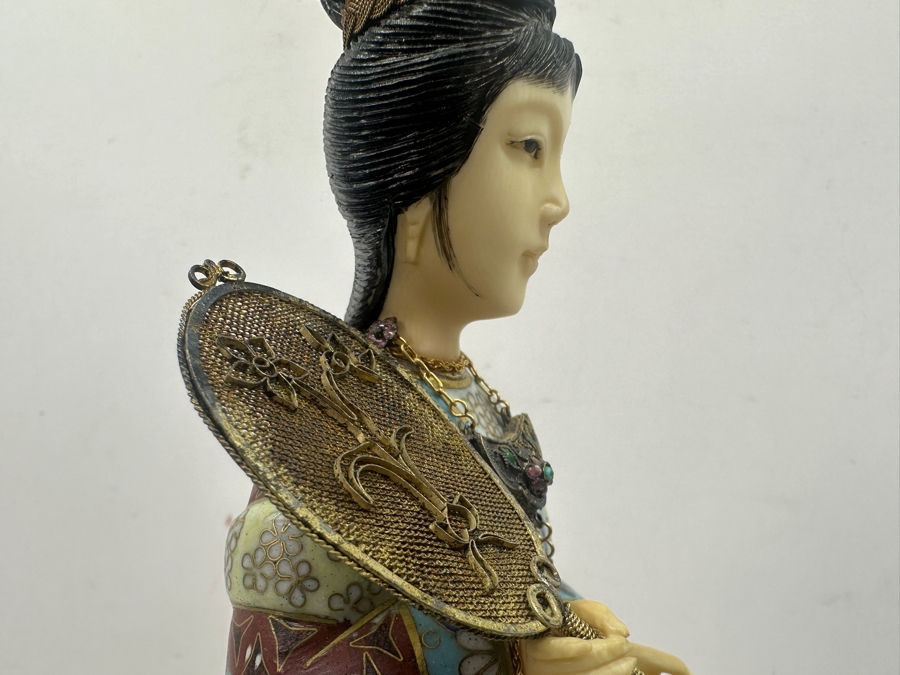 Vintage Chinese Cloisonné Enamel Figurine Of A Standing Woman Holding Fan With Hand Carved Face And Hands 12.5'H [Photo 9]