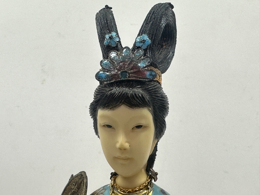 Vintage Chinese Cloisonné Enamel Figurine Of A Standing Woman Holding Fan With Hand Carved Face And Hands 12.5'H [Photo 14]