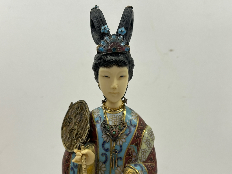Vintage Chinese Cloisonné Enamel Figurine Of A Standing Woman Holding Fan With Hand Carved Face And Hands 12.5'H [Photo 15]
