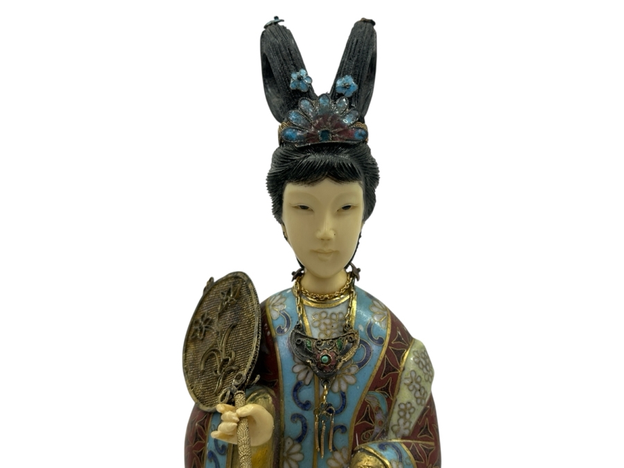 Vintage Chinese Cloisonné Enamel Figurine Of A Standing Woman Holding Fan With Hand Carved Face And Hands 12.5'H [Photo 3]