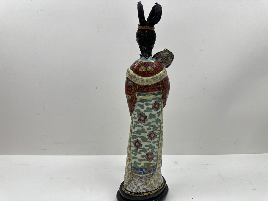 Vintage Chinese Cloisonné Enamel Figurine Of A Standing Woman Holding Fan With Hand Carved Face And Hands 12.5'H [Photo 11]
