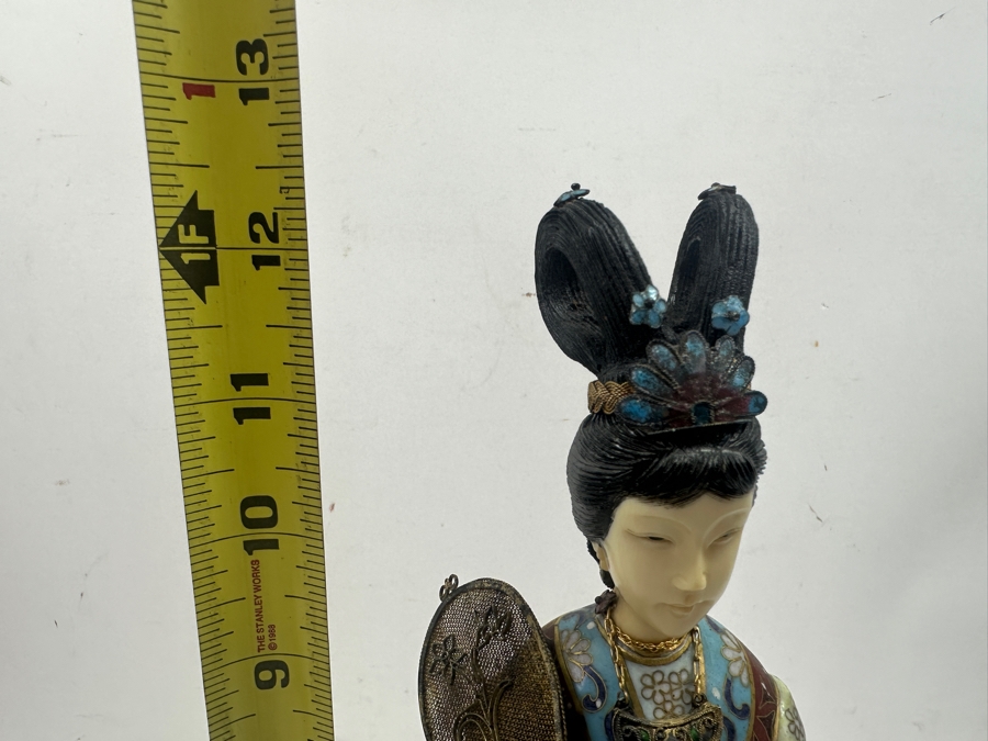 Vintage Chinese Cloisonné Enamel Figurine Of A Standing Woman Holding Fan With Hand Carved Face And Hands 12.5'H [Photo 20]