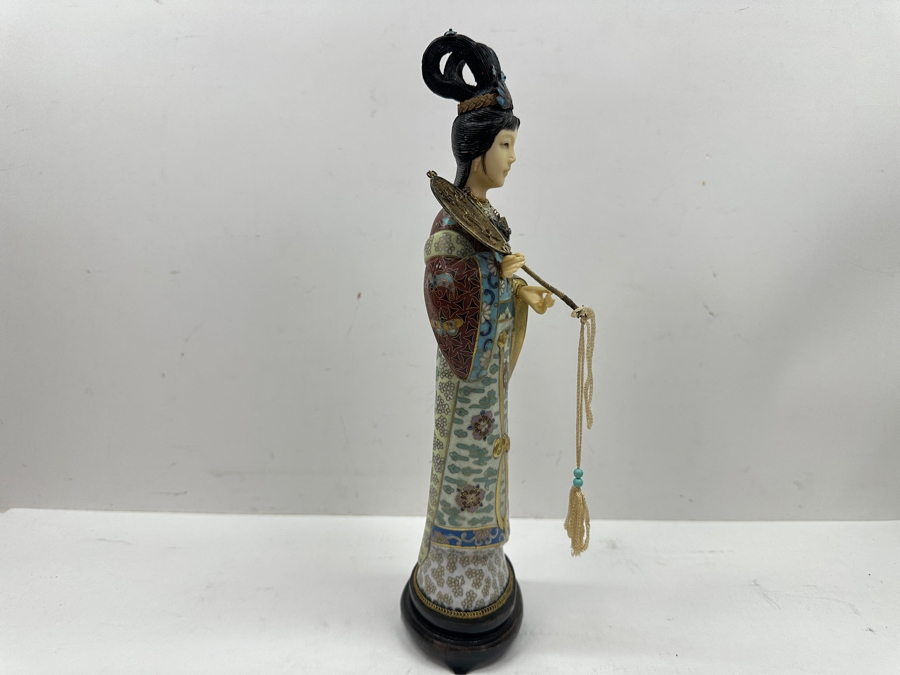 Vintage Chinese Cloisonné Enamel Figurine Of A Standing Woman Holding Fan With Hand Carved Face And Hands 12.5'H [Photo 10]