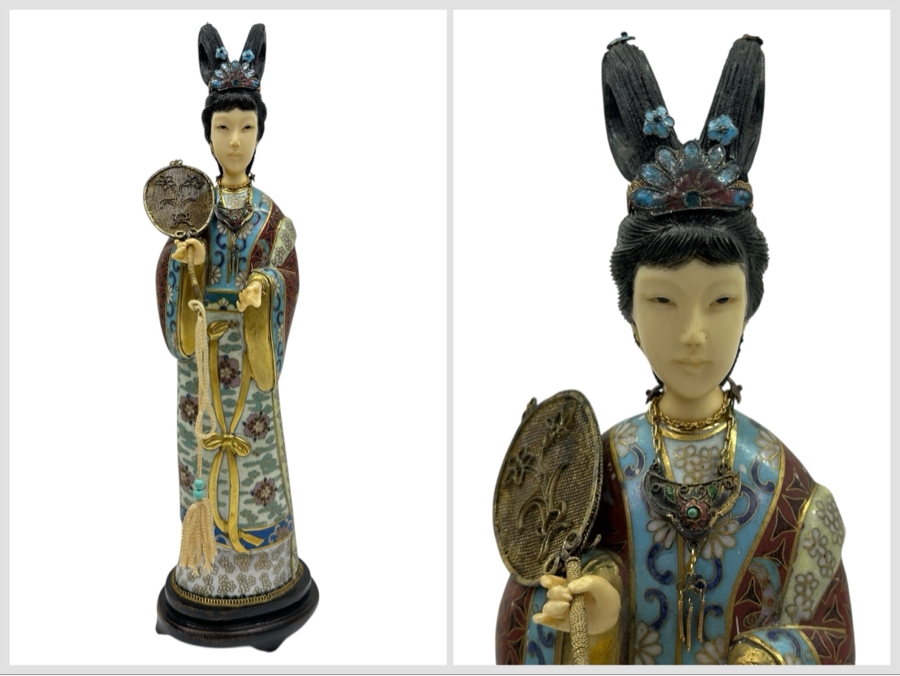 Vintage Chinese Cloisonné Enamel Figurine Of A Standing Woman Holding Fan With Hand Carved Face And Hands 12.5'H