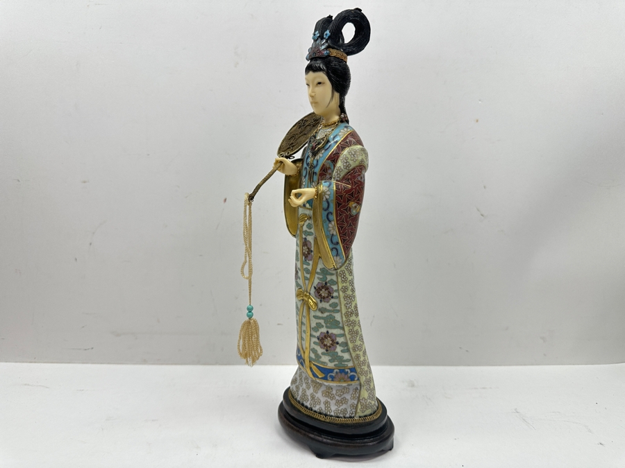 Vintage Chinese Cloisonné Enamel Figurine Of A Standing Woman Holding Fan With Hand Carved Face And Hands 12.5'H [Photo 4]