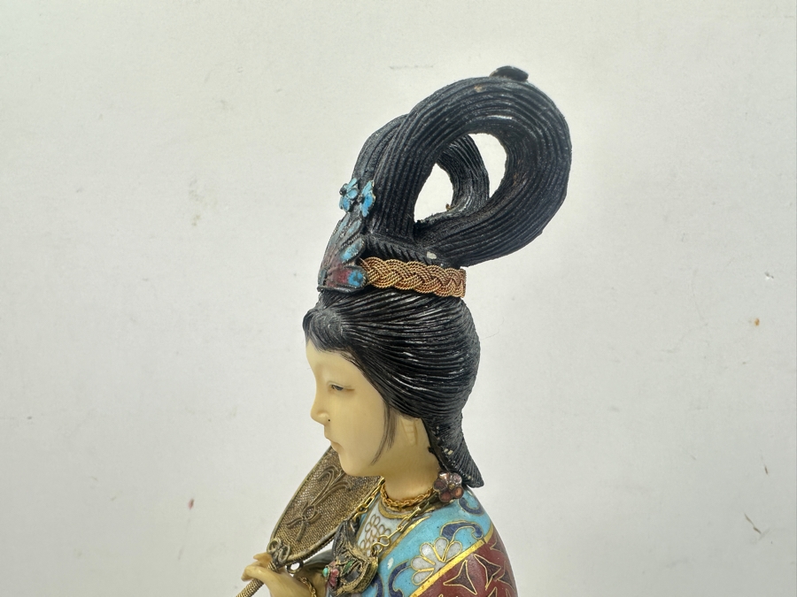 Vintage Chinese Cloisonné Enamel Figurine Of A Standing Woman Holding Fan With Hand Carved Face And Hands 12.5'H [Photo 8]