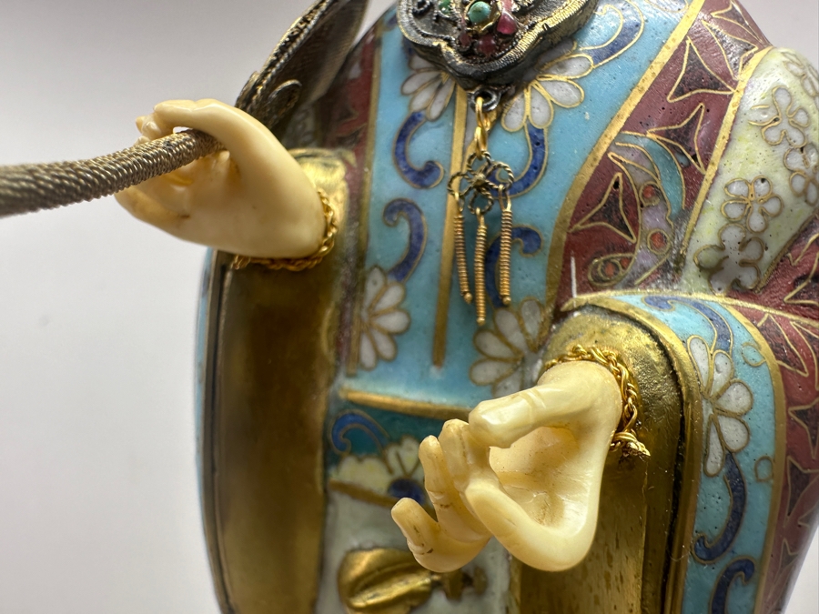 Vintage Chinese Cloisonné Enamel Figurine Of A Standing Woman Holding Fan With Hand Carved Face And Hands 12.5'H [Photo 19]