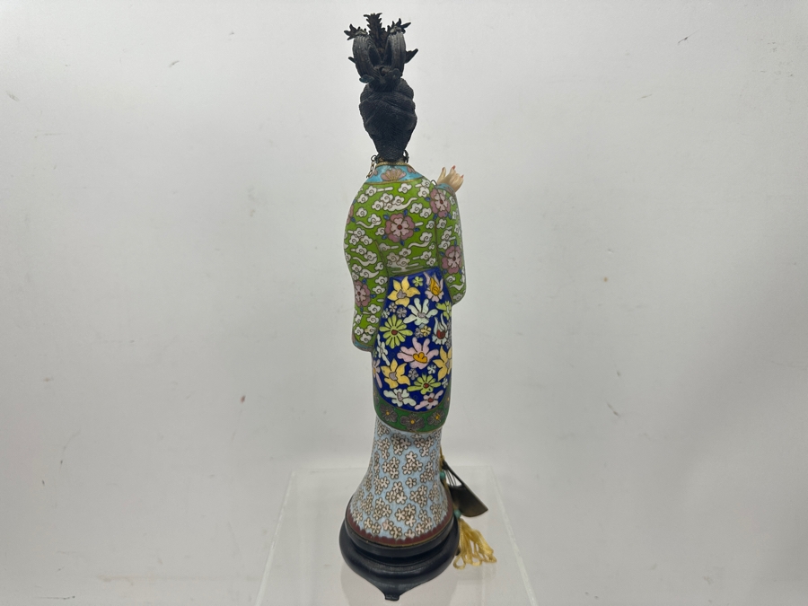 Vintage Chinese Cloisonné Enamel Figurine Of A Standing Woman With Fan Around Neck And Hand Carved Face And Hands 10.25'H [Photo 11]