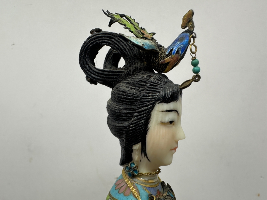 Vintage Chinese Cloisonné Enamel Figurine Of A Standing Woman With Fan Around Neck And Hand Carved Face And Hands 10.25'H [Photo 7]