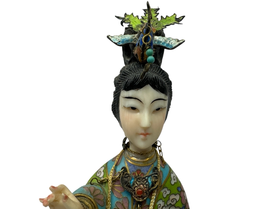 Vintage Chinese Cloisonné Enamel Figurine Of A Standing Woman With Fan Around Neck And Hand Carved Face And Hands 10.25'H [Photo 3]